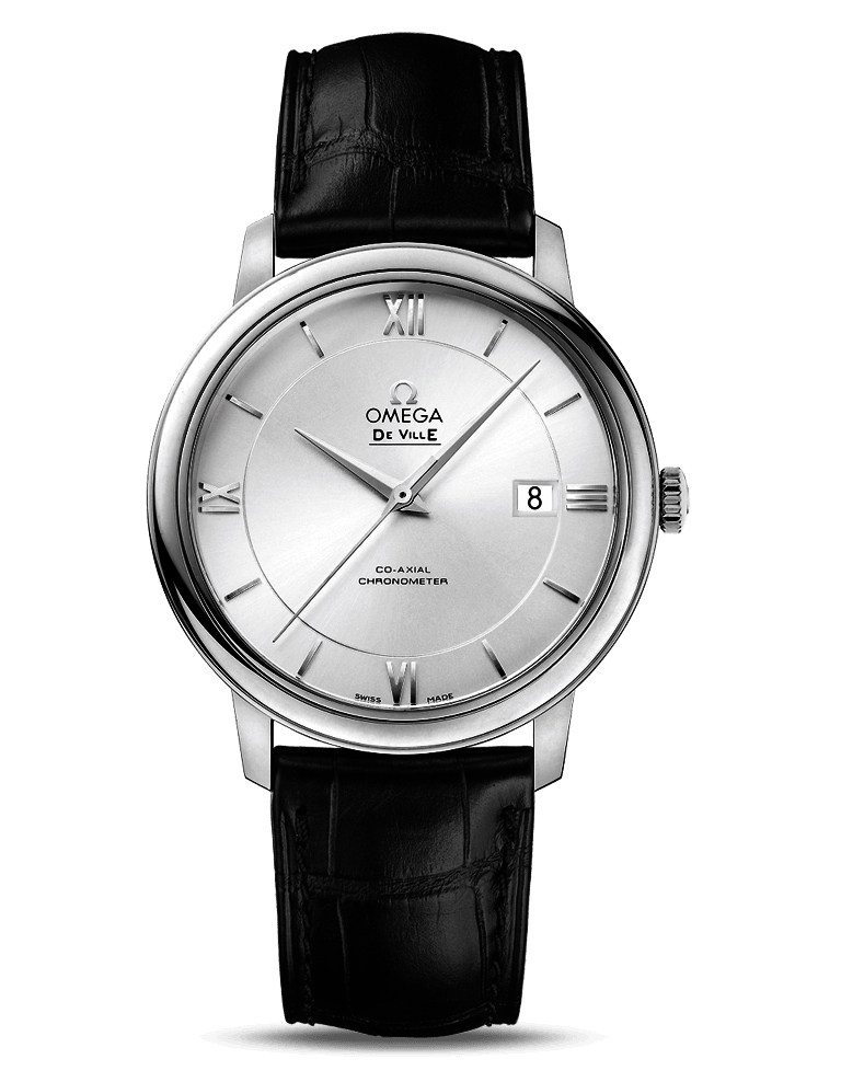 Omega De Ville Co-Axial Chronometer watch with black leather band.